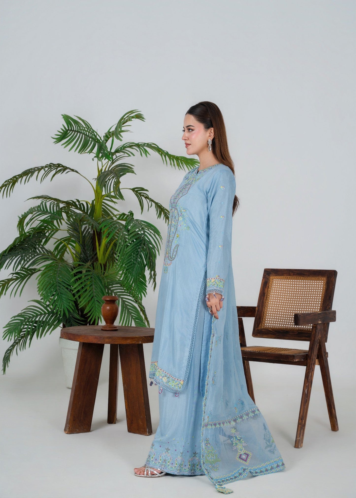 3 Piece Embroidered Silk Suit Powder Blue Online in Sri Lanka India Australia