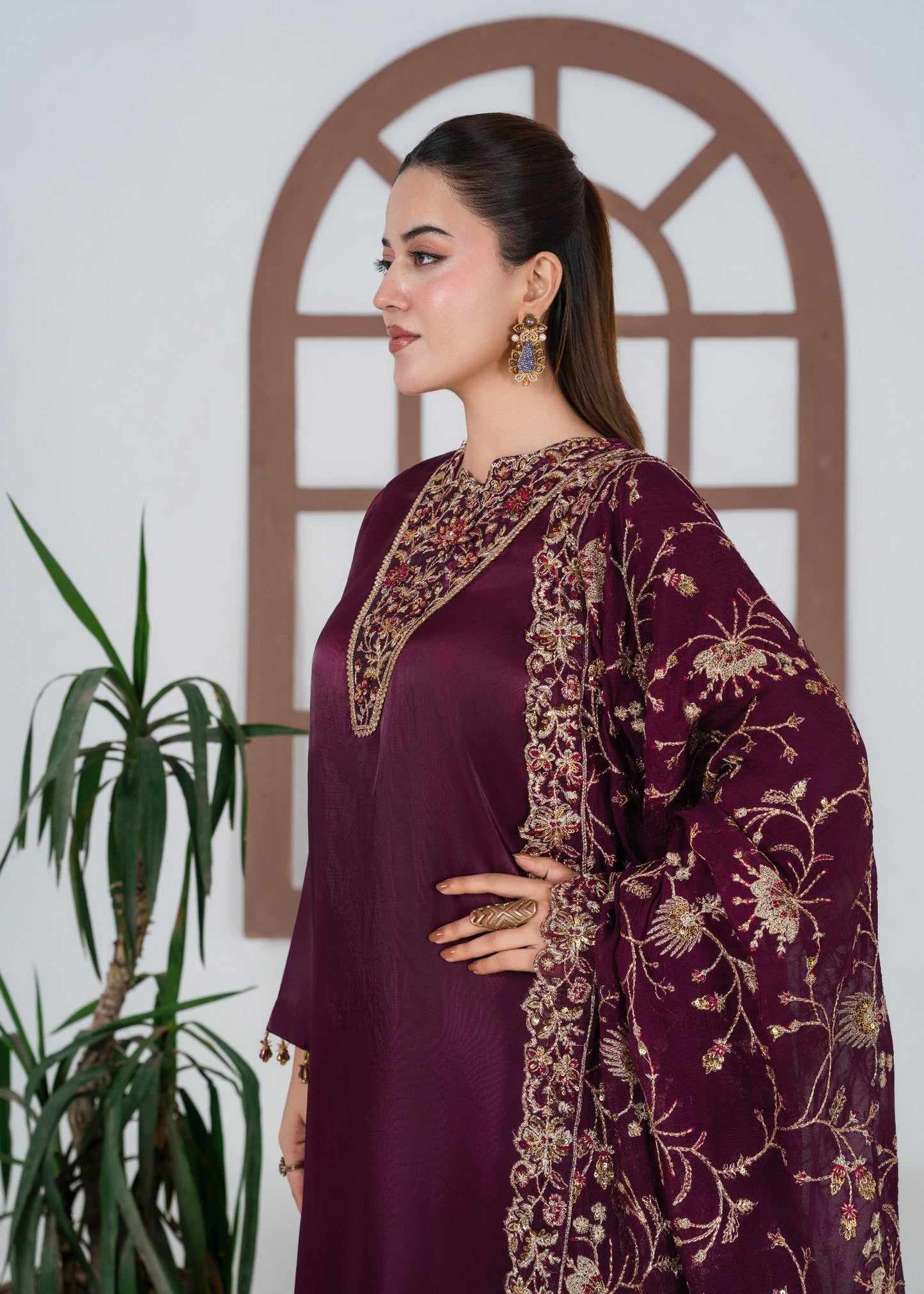 3 Piece Magenta Embroidered Silk Suit Online in Sri Lanka India Australia