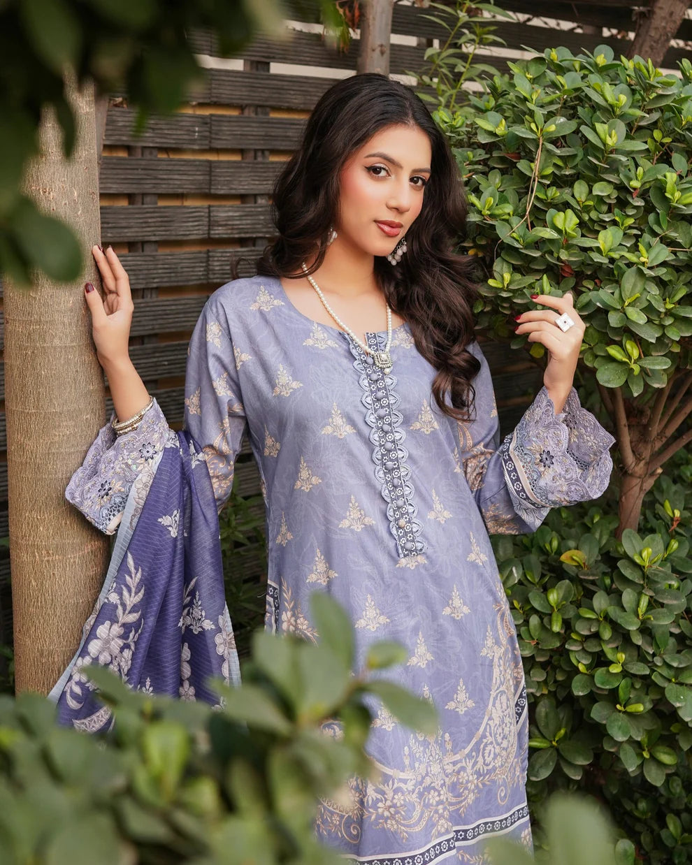 Lavendar Purple Printed Embroidered Lawn Suit