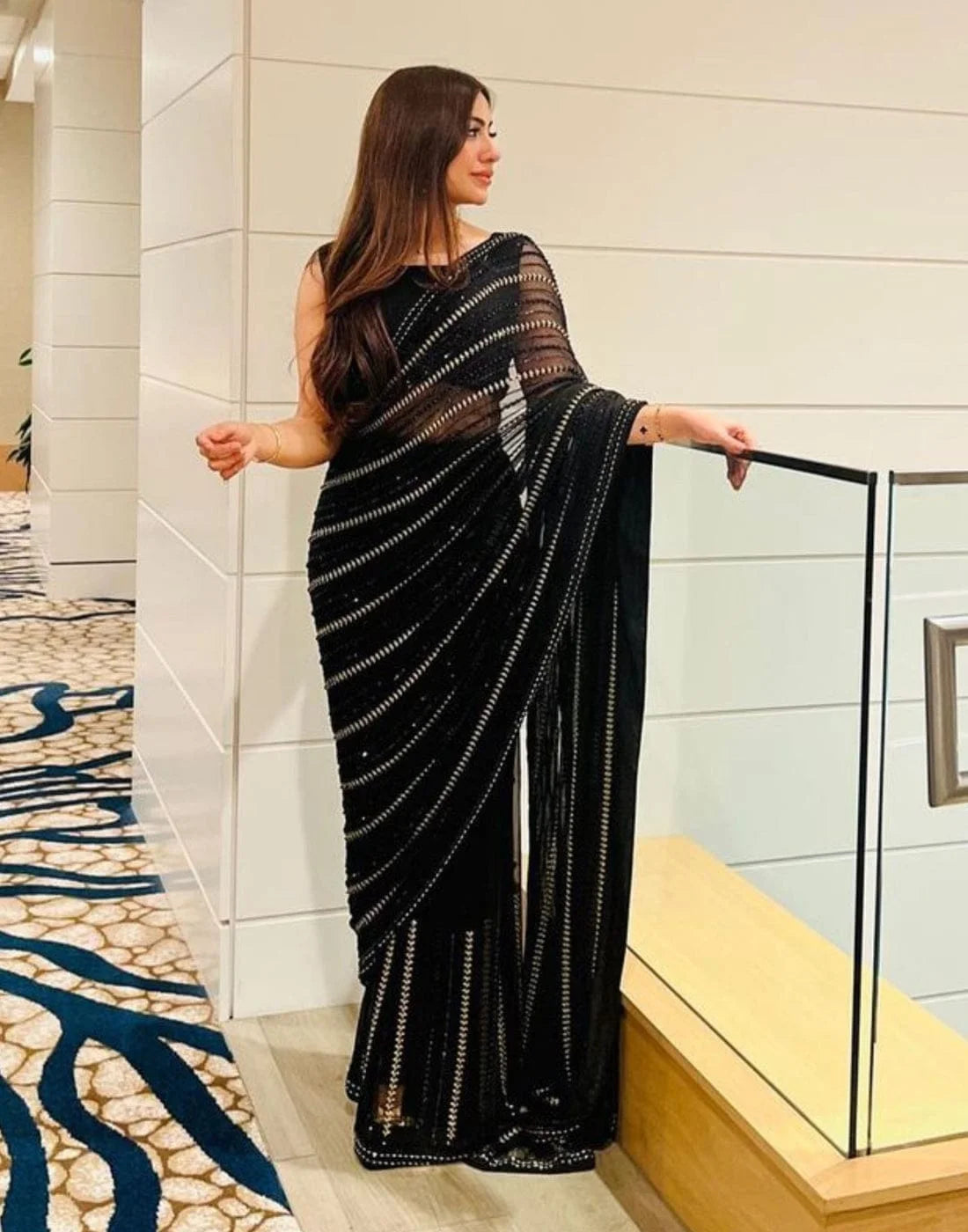 Black Chiffon Saree with Pearl Work