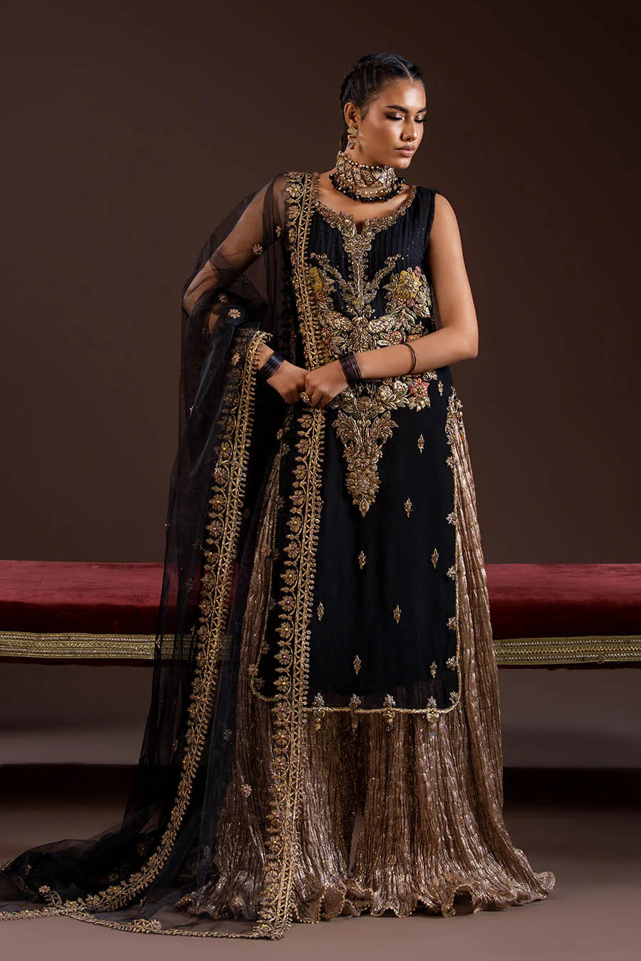 Hand Embroidered Black Crinkle Chiffon Sharara