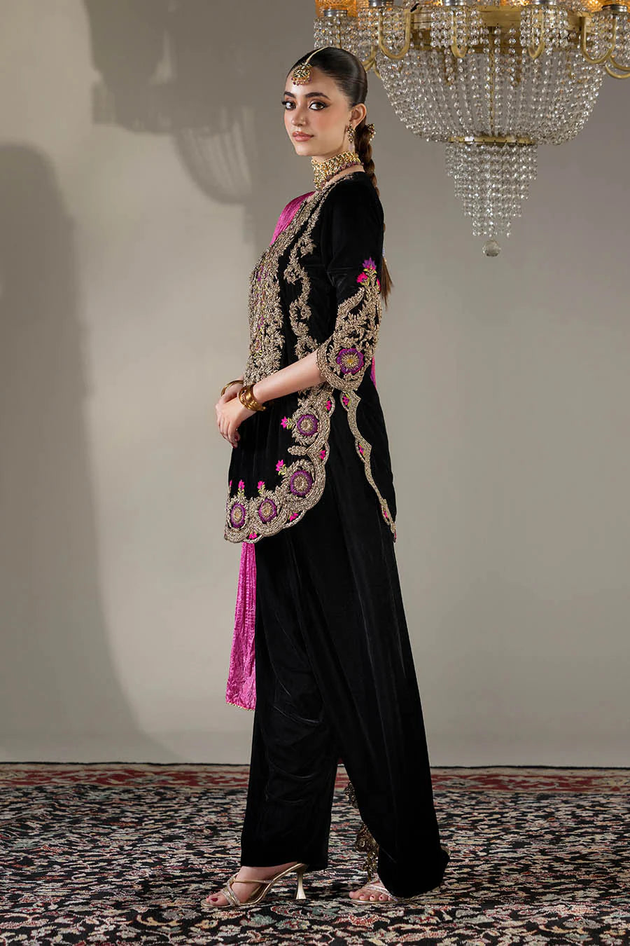 Hand Embroidered Black Farshi Shalwar with 3D Work