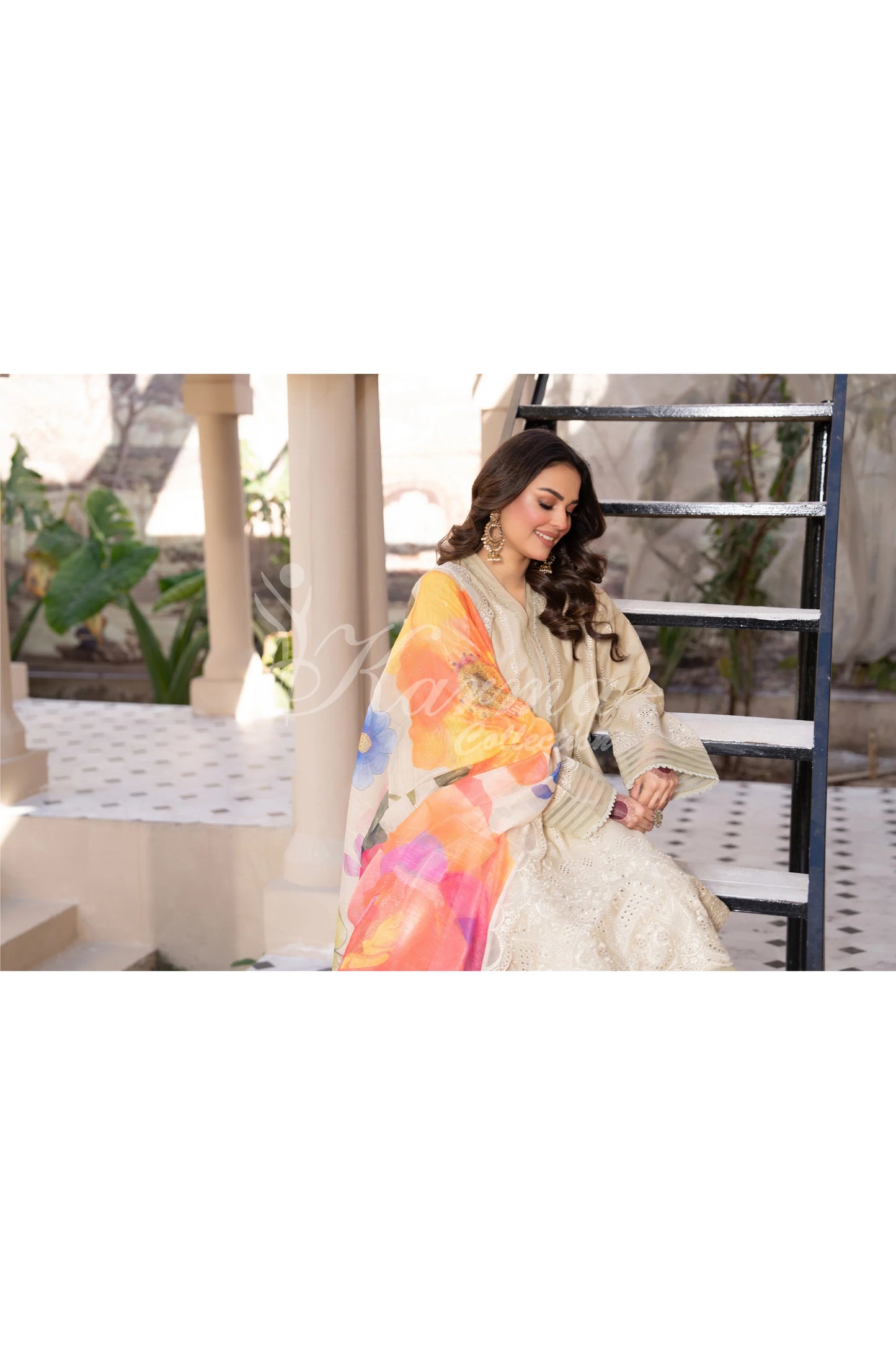 Beige Chikankari Embroidered Lawn Suit