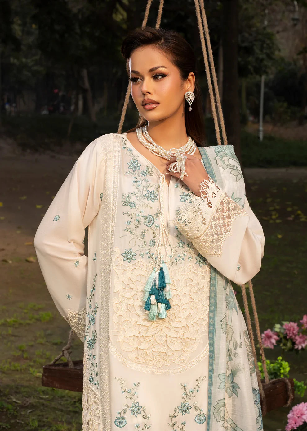 Ivory Heavy Embroidered Lawn Suit with Organza Patchwork Embroidery