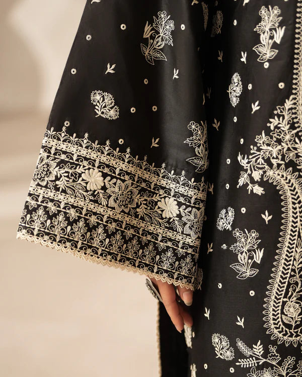 Black Heavy Embroidered Pure Cotton Suit with Long Shirt