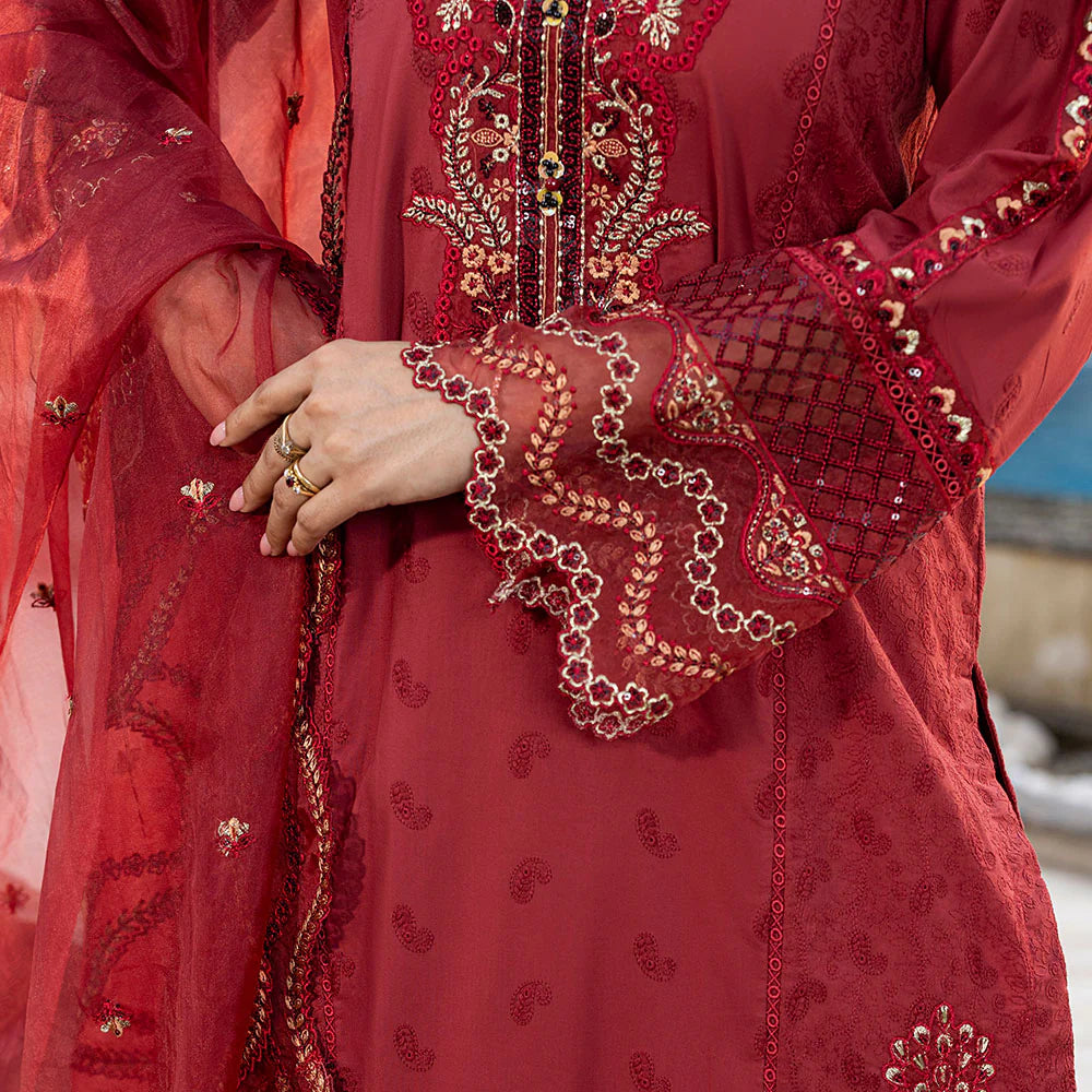 Ruby Red Pure Cotton Schiffli Embroidered Farshi Shalwar Suit