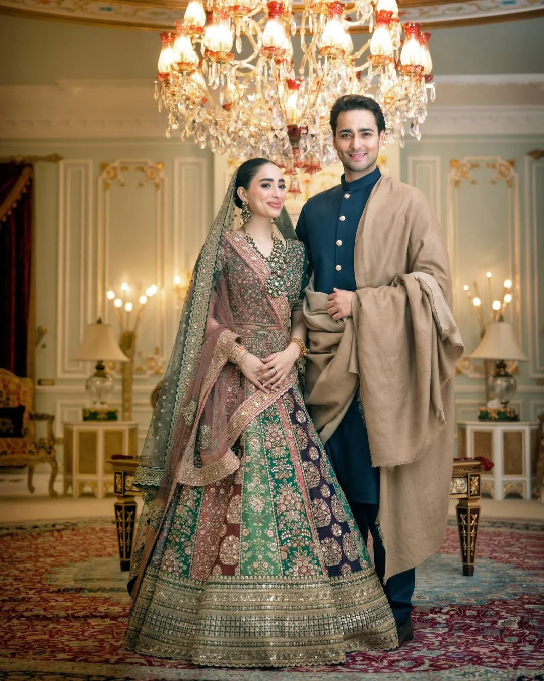 Jewel-Tone Hand Embellished Bridal Lehenga Choli with 2 Dupattas