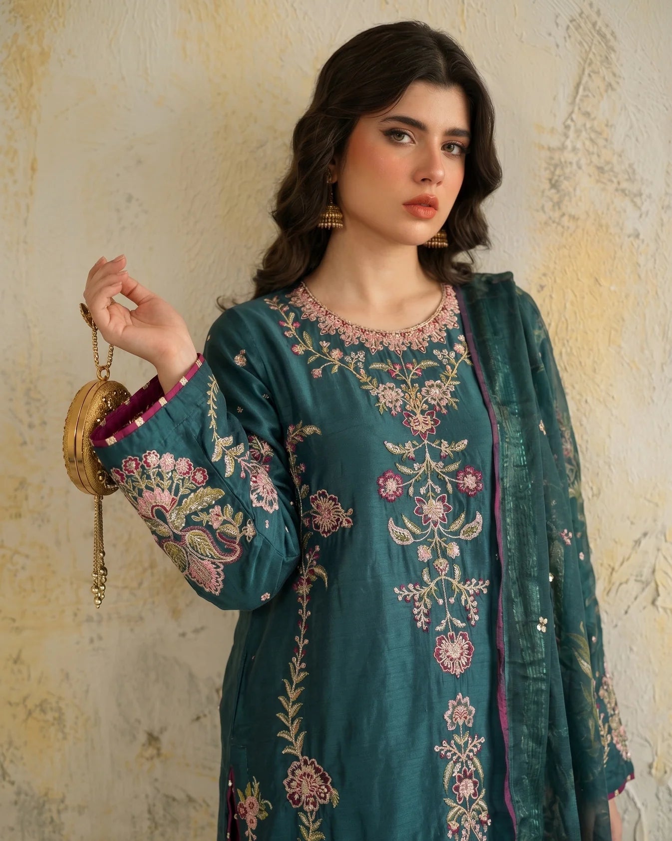 Green Premium Viscose Embroidered Farshi Shalwar Suit
