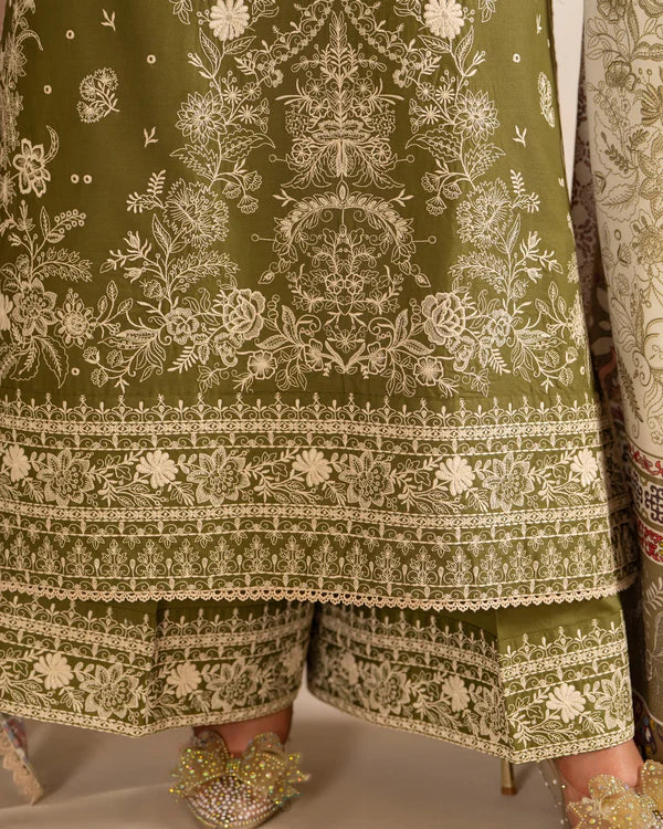 Olive Heavy Embroidered Pure Cotton Suit with Long Shirt