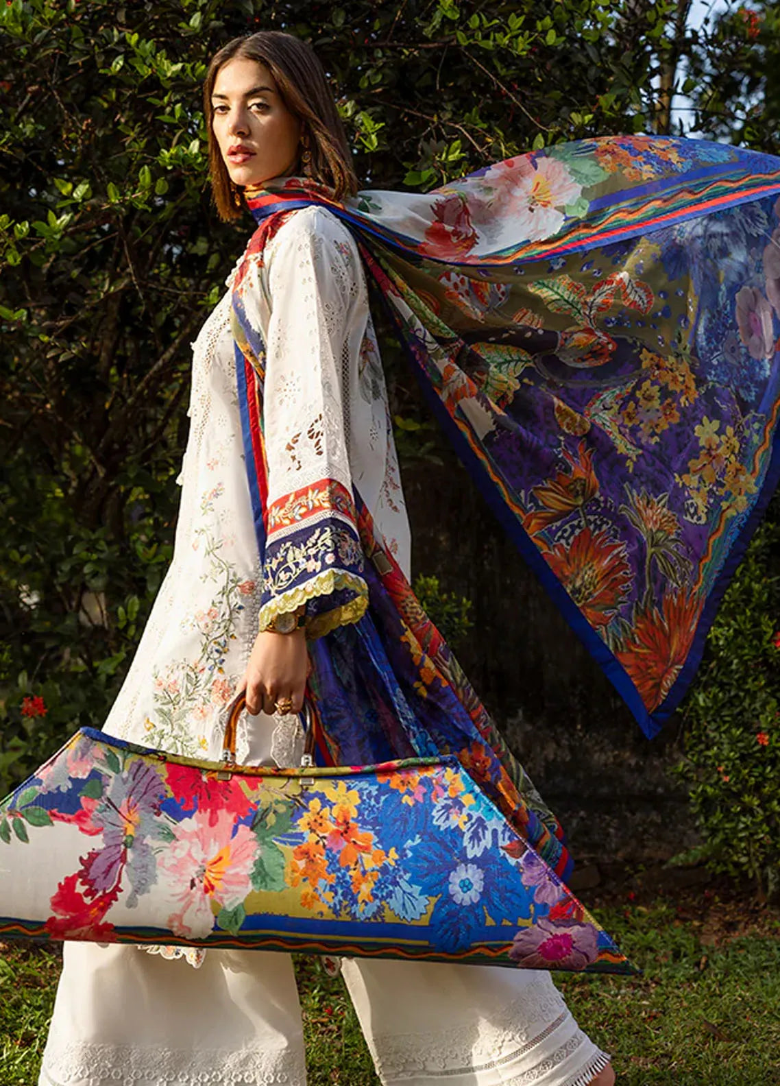 Pearl White Chikankari Embroidered Luxury Lawn Suit with Laser Cutwork