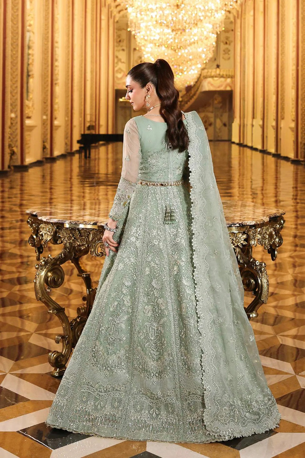 Ladies Embellished Sage Green Lehenga Choli Online in UK USA Canada