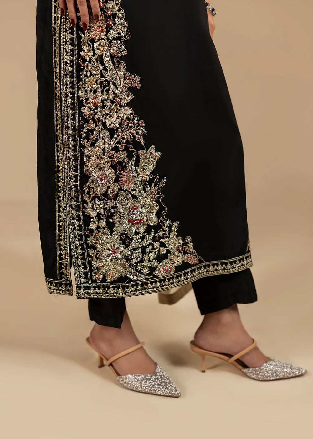 Black Hand Embellished Korean Raw Silk Suit