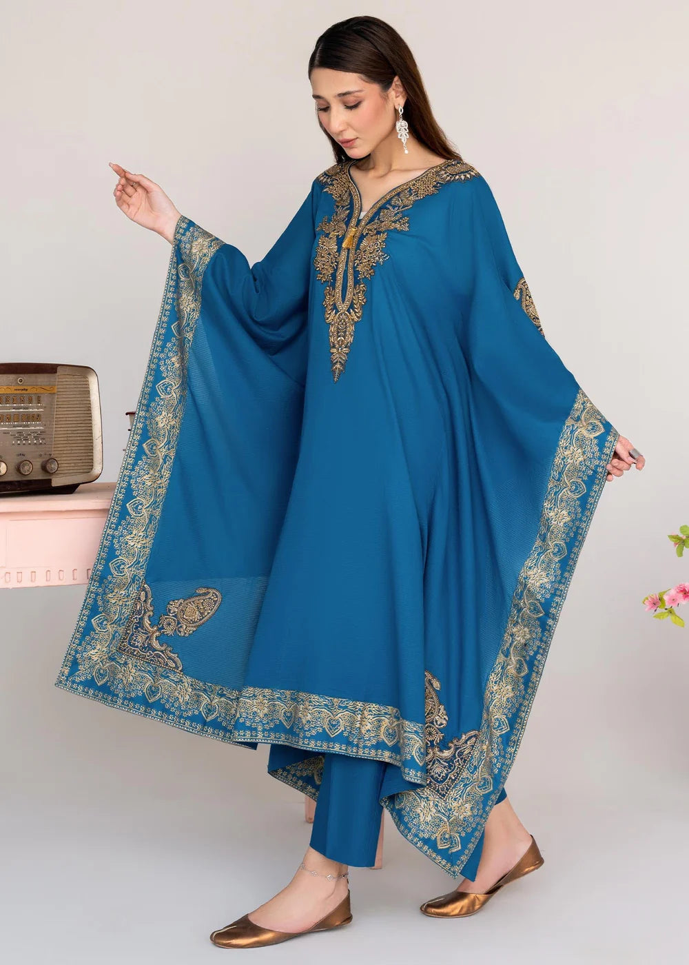 Steel Blue Embroidered Winter Kaftan