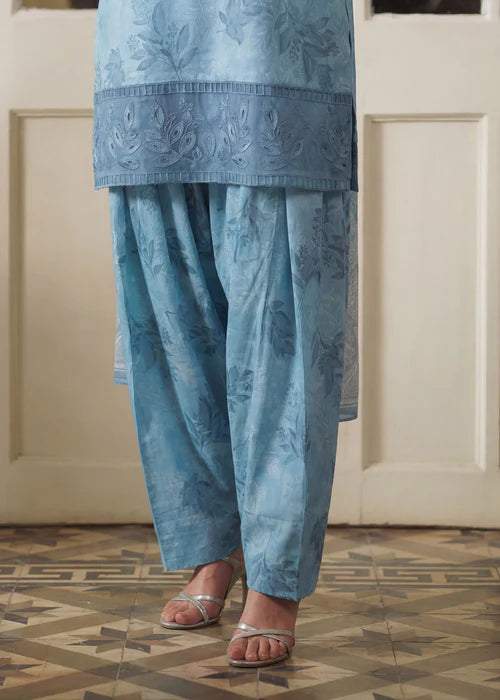 Sky Blue Embroidered Lawn Farshi Shalwar Suit