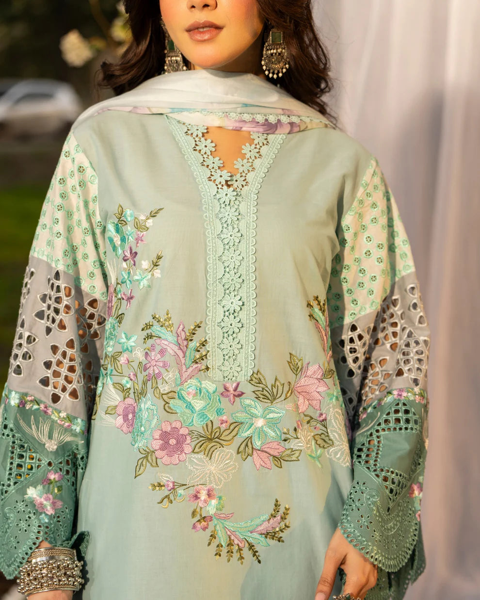 Seafoam Pure Cotton Embroidered Suit with Cutwork Details