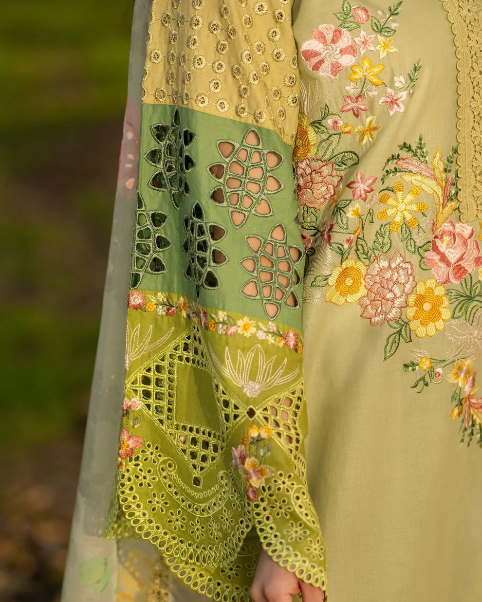 Pistachio Pure Cotton Embroidered Suit with Cutwork Details