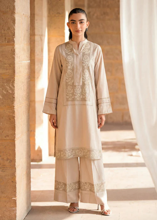 Beige Embroidered Linen Kurta Set