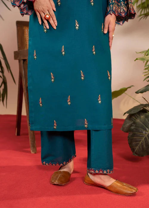 Teal Embroidered Winter Kurta Set with Dupatta