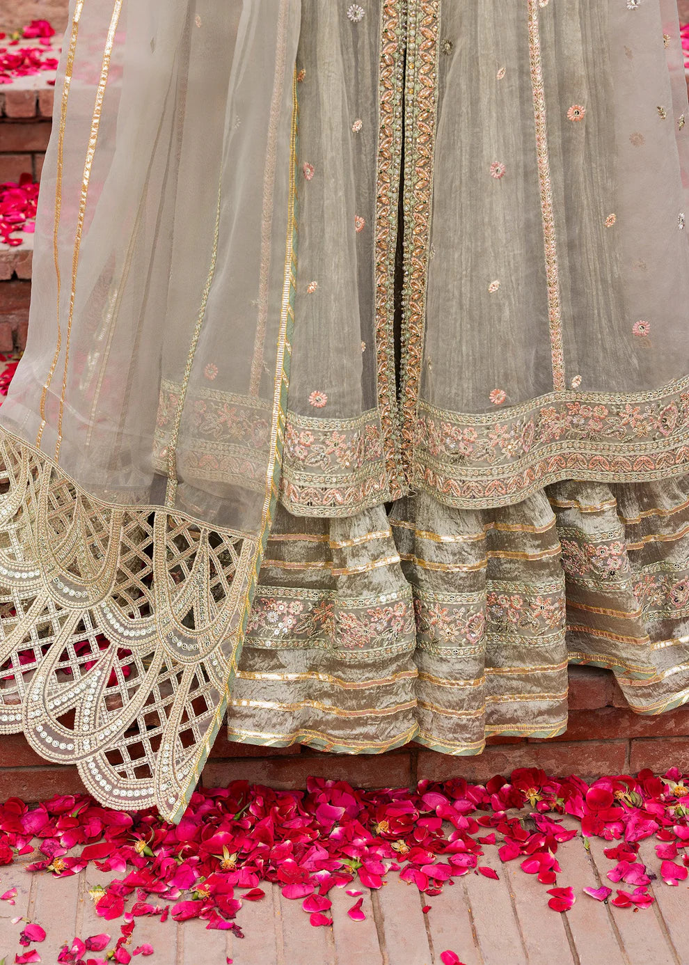 Sage Green Embellished Organza A-Line Shirt with Sharara