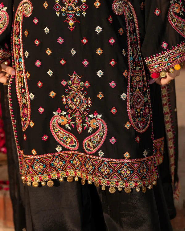 Black Georgette Chiffon Embroidered Suit with Tassel Details