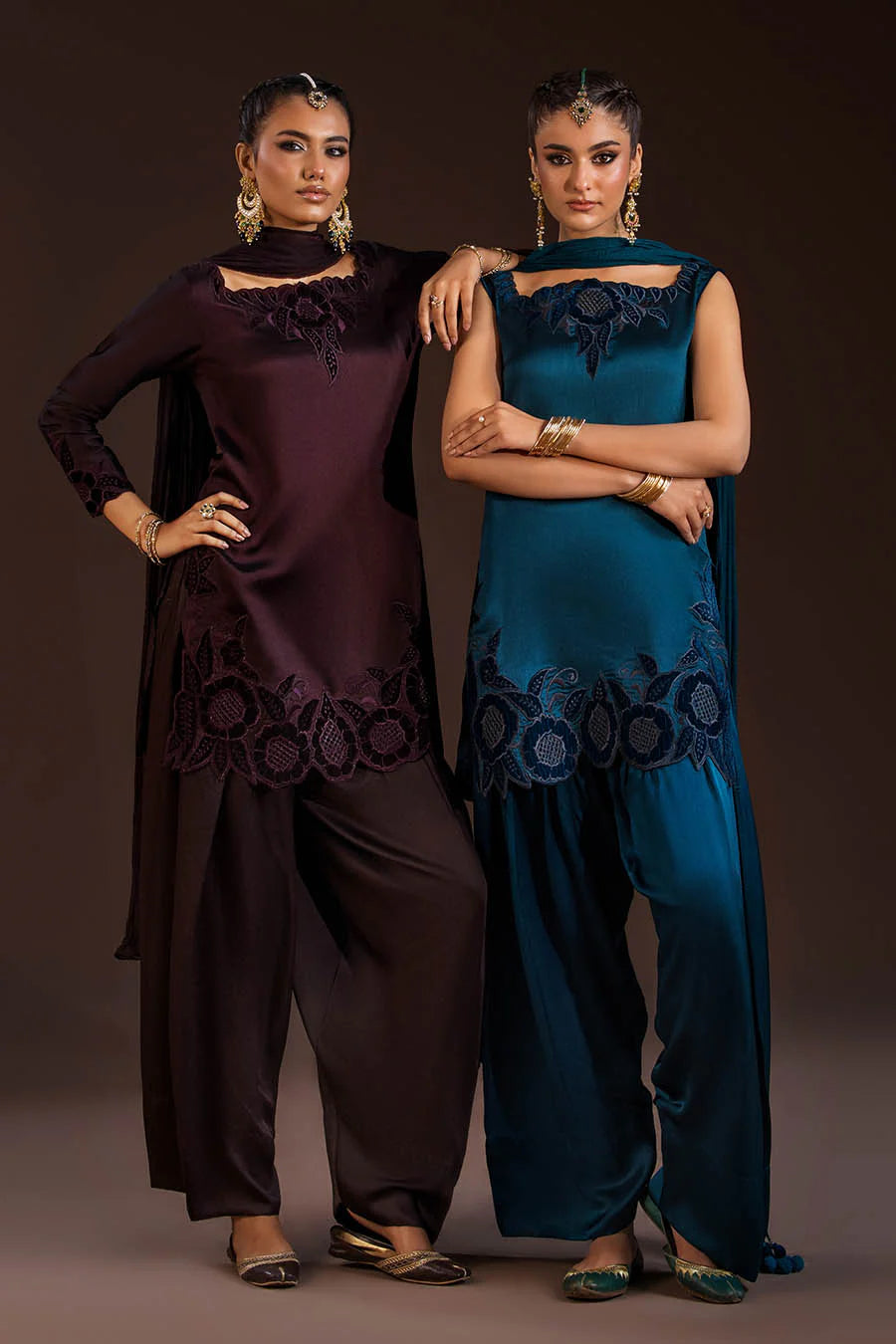 Glass Silk Partywear Suit with Velvet Details