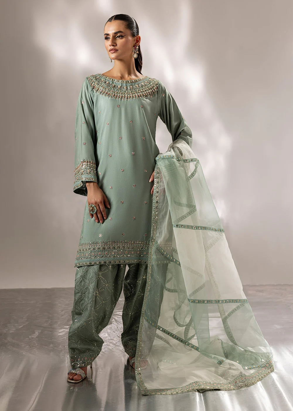 Mint Green Raw Silk Farshi Shalwar Suit