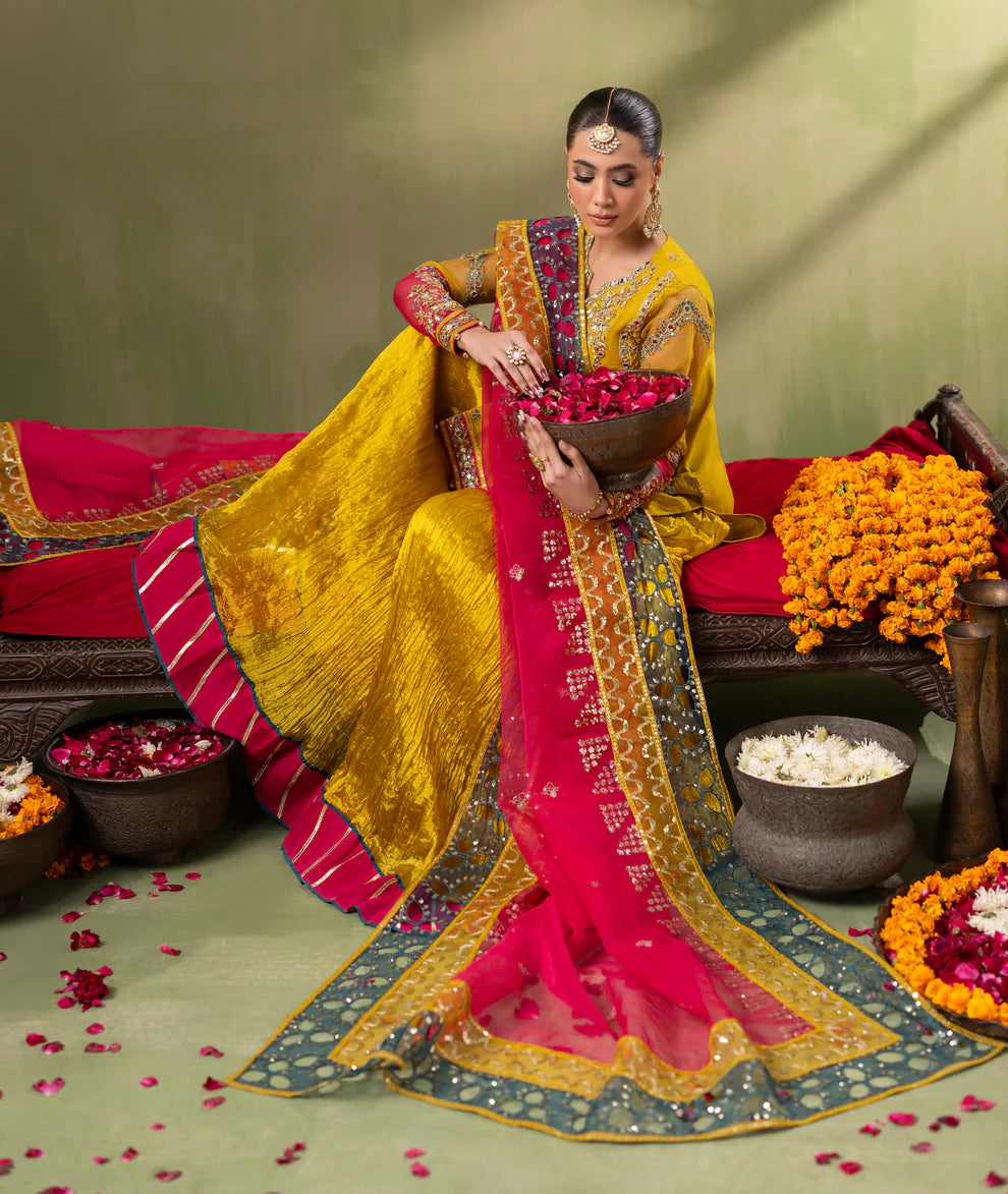 Mustard Organza Embellished Crushed Raw Silk Gharara