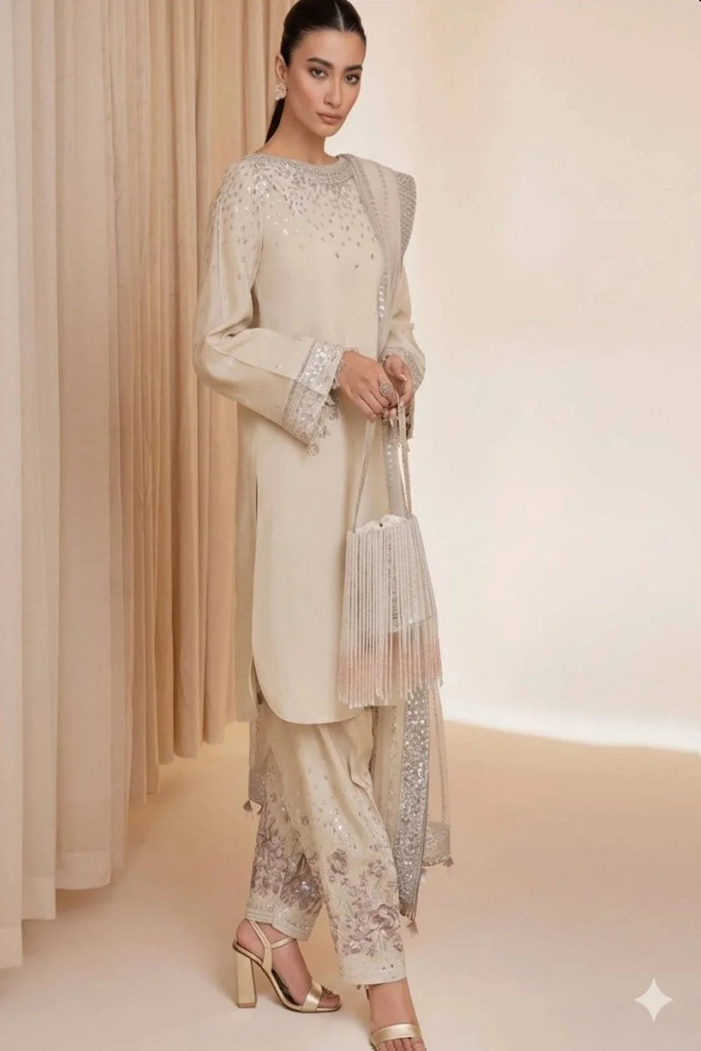 Off White Pure Raw Silk Suit with Complementary Pouch