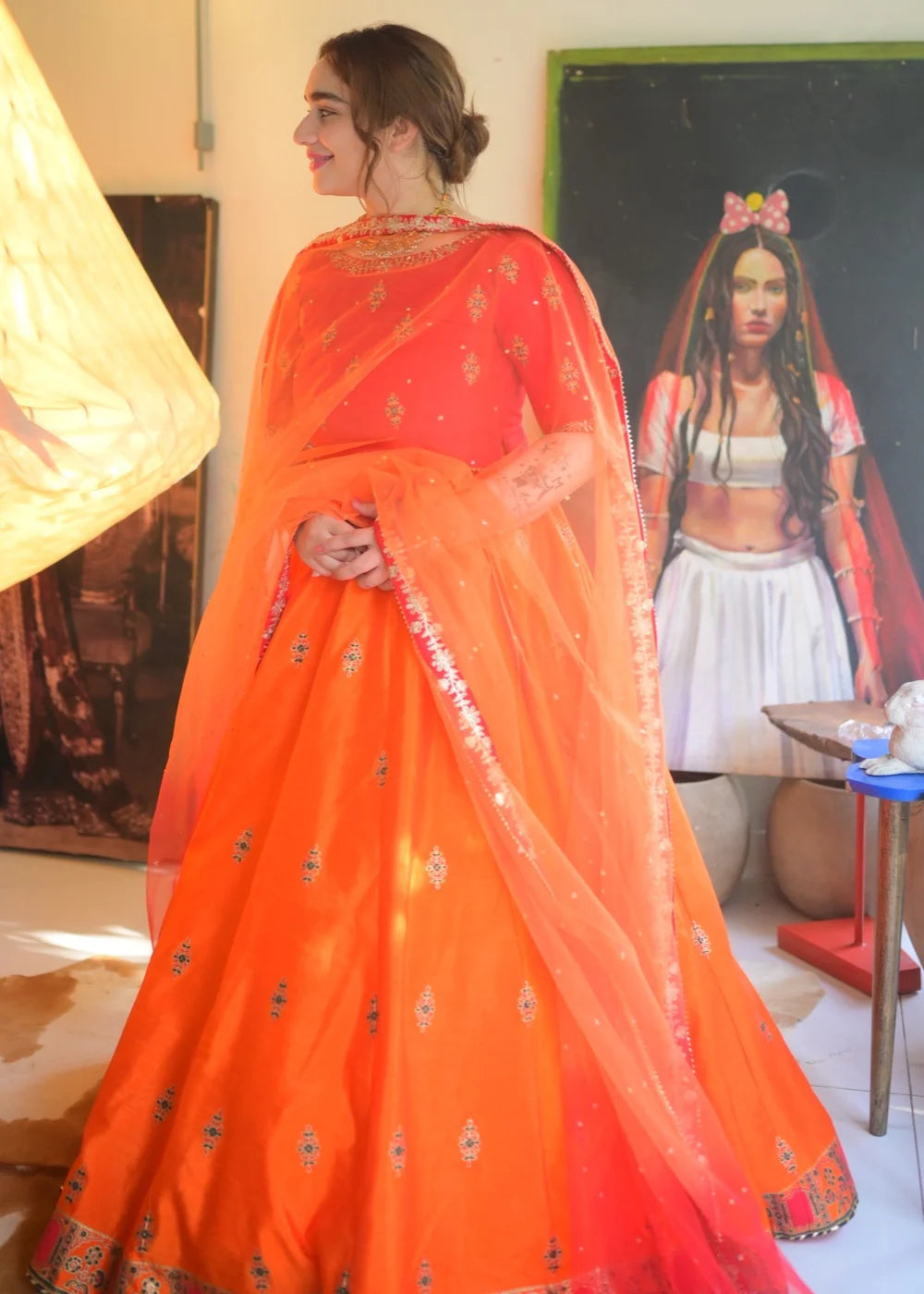 Orange Raw Silk Lehenga Choli with Potli