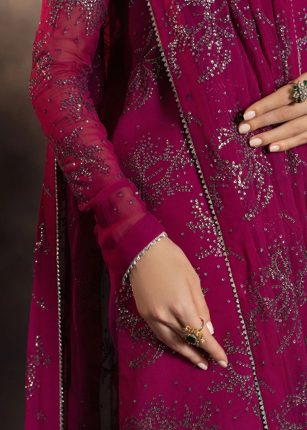 Shocking Pink Chiffon Embroidered Suit