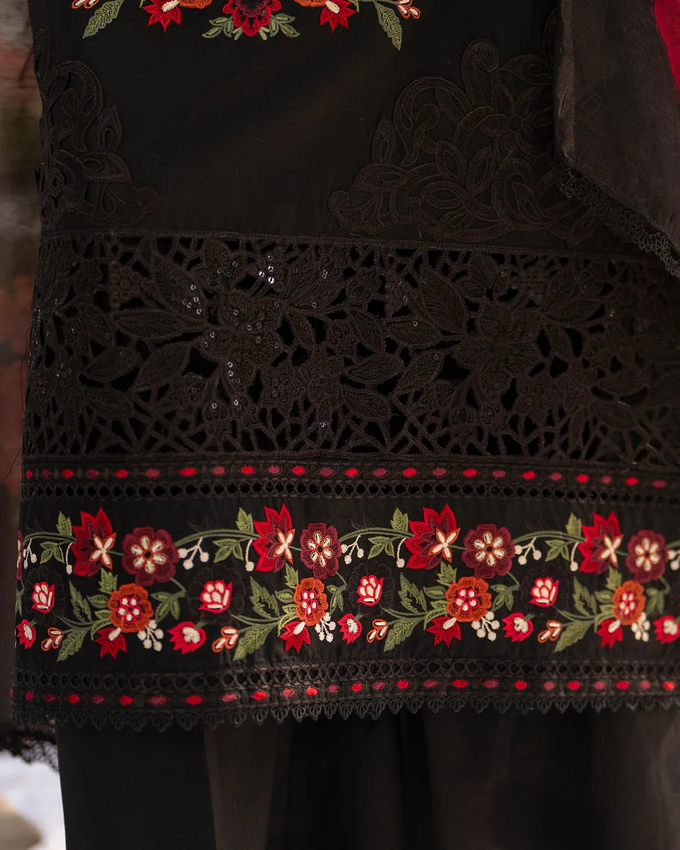 Black Chikankari Lawn Suit with Cutwork Details