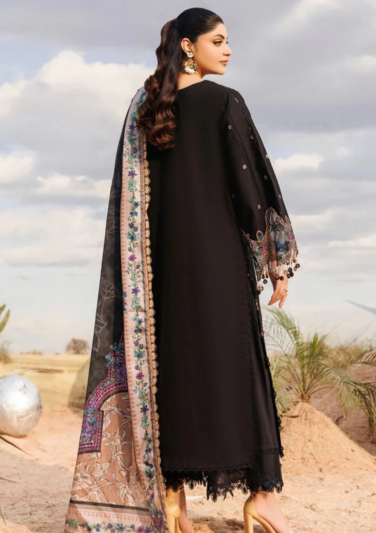 Black Thread & Sequins Embroidered Luxury Lawn Suit with Laser Cutwork