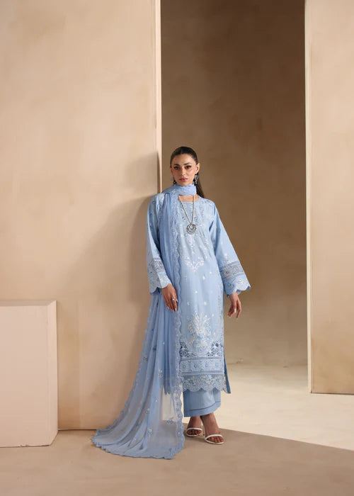 Sky Blue Embroidered Luxury Lawn Suit with Chiffon Dupatta