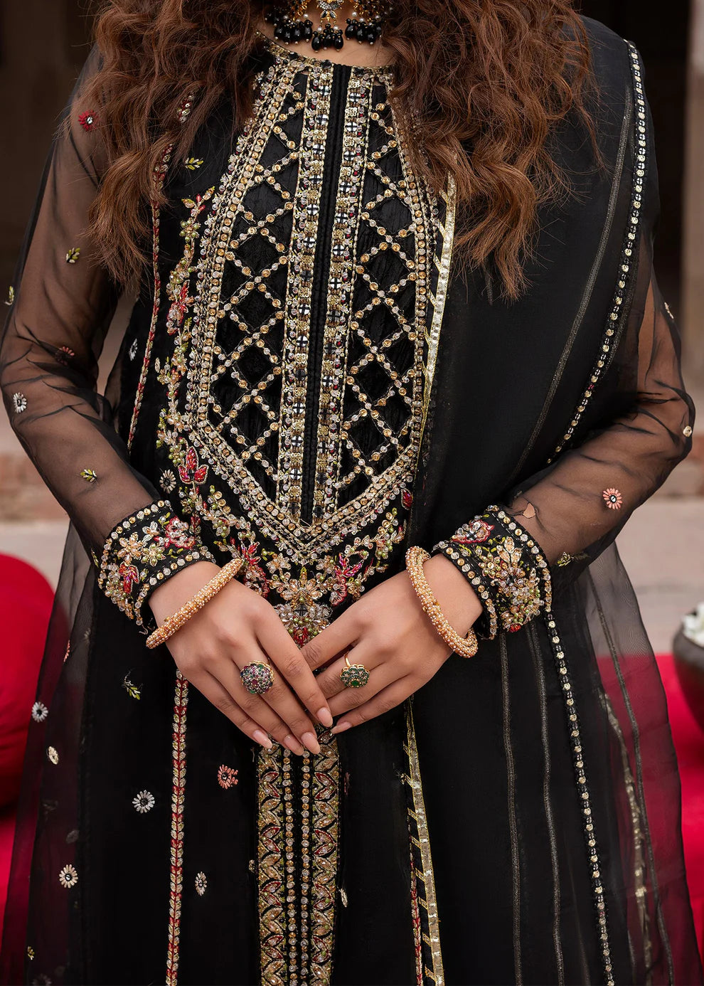 Black Embellished Organza A-Line Shirt with Sharara