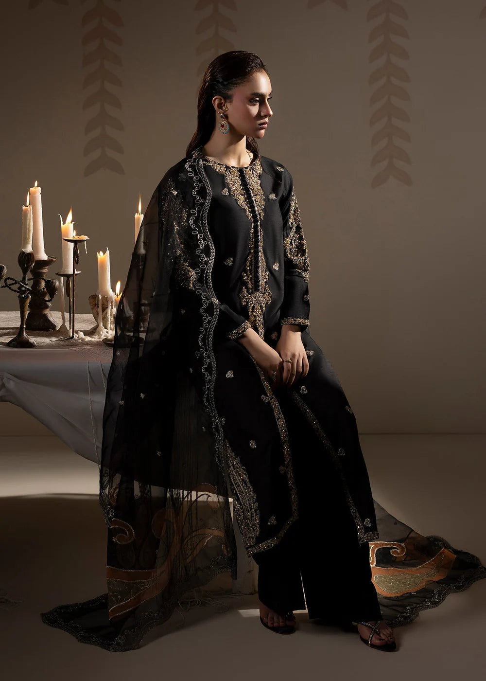 Black Embellished Raw Silk Front-Open Suit