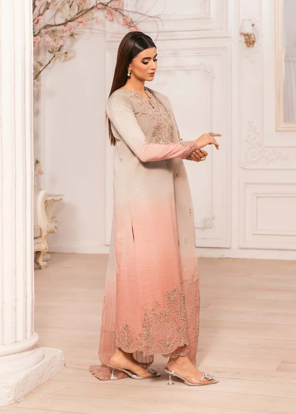 Skin Pink Embellished Raw Silk Suit