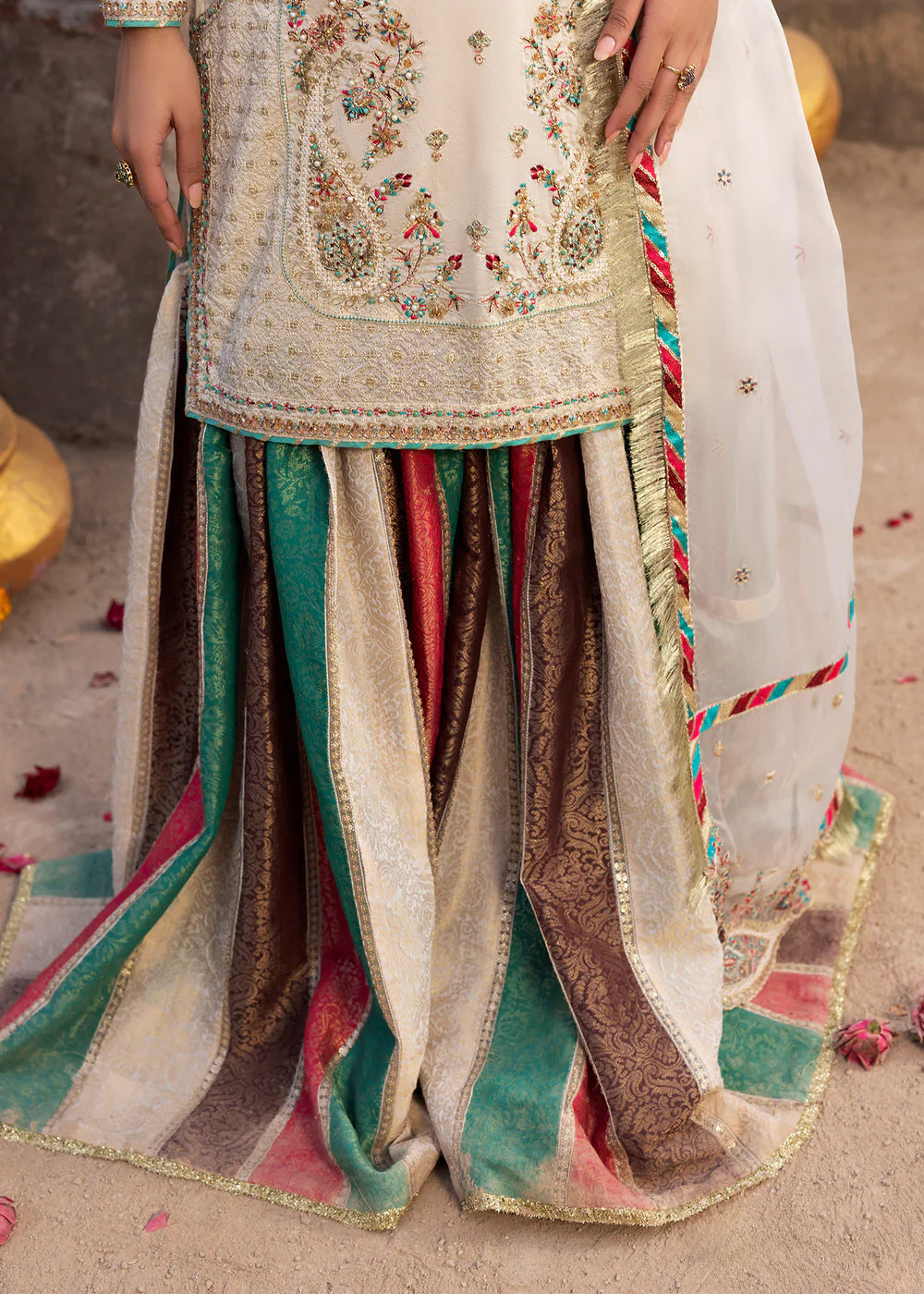 White Embellished Silk Jamawar Sharara
