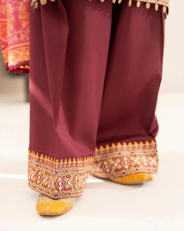Burgundy Pure Cotton Farshi Shalwar Suit with Multi-Thread Work