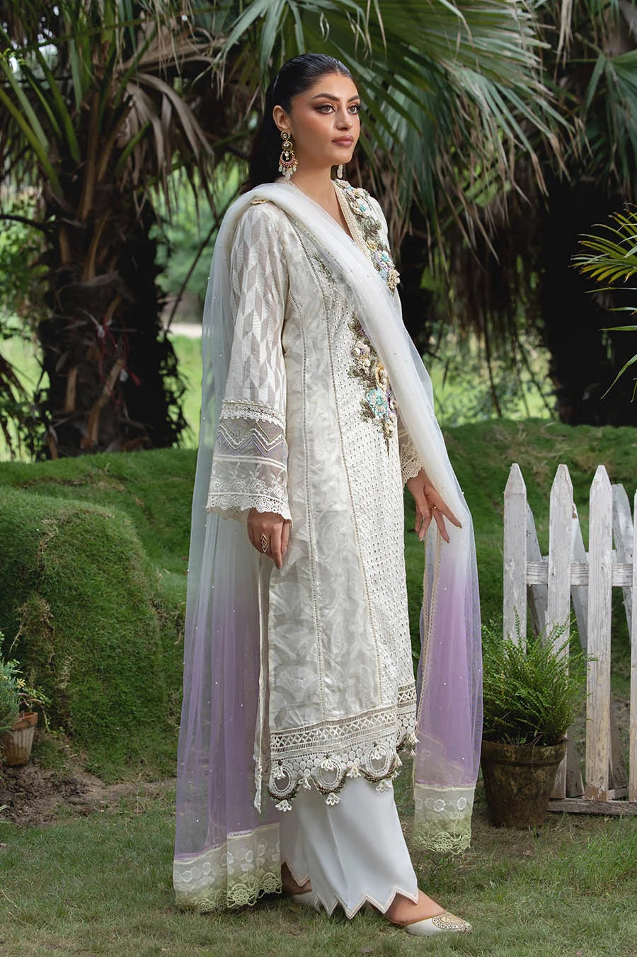 Hand Embroidered Cotton Chikankari Suit with 3D Work
