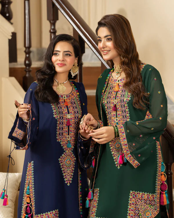 Navy Blue Georgette Chiffon Farshi Shalwar Suit with Dori Work