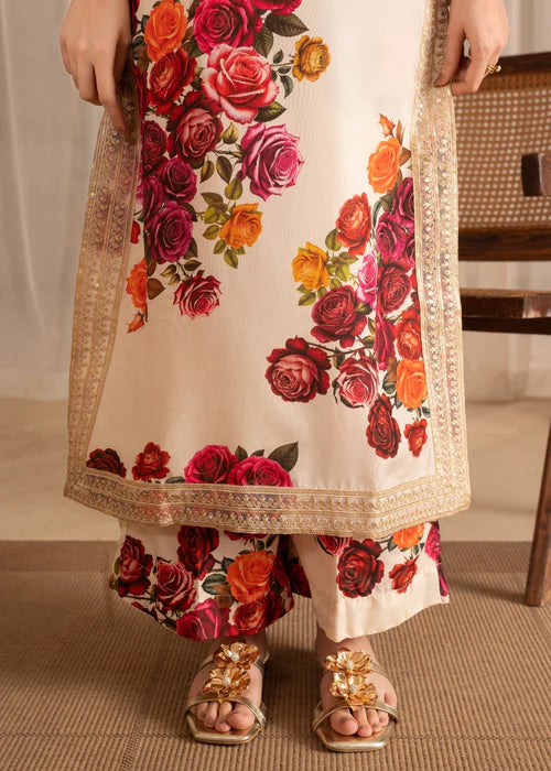 Ivory Printed Silk Kurta Set with Sequinned Lace Details
