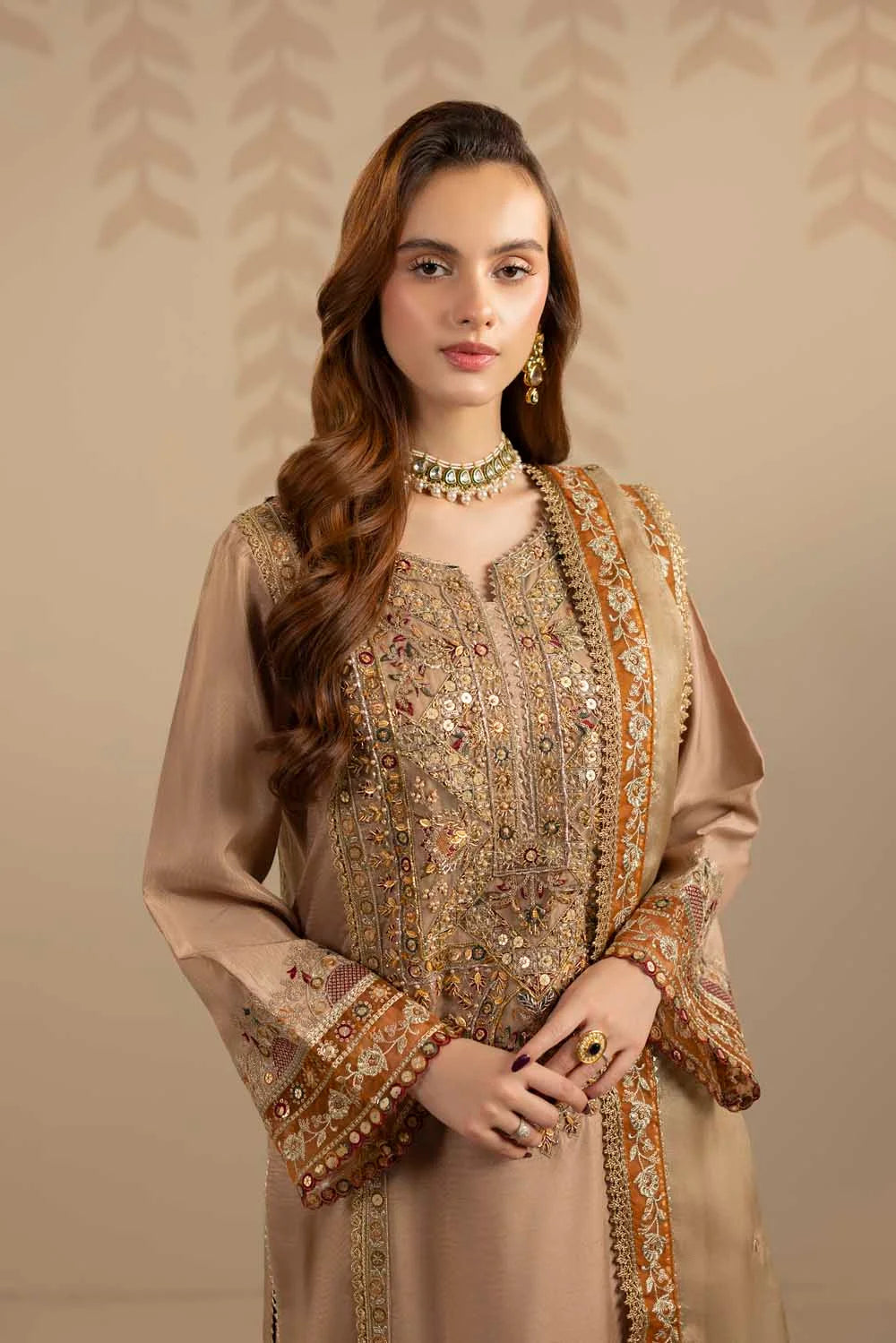 Elegant Gold Embellished Raw Silk Partywear Suit