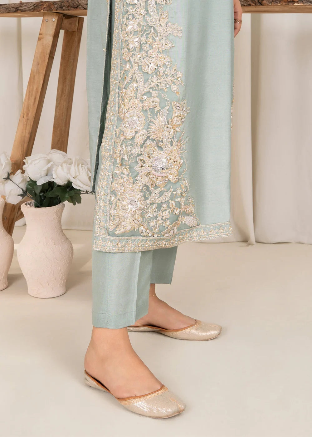 Pastel Green Embellished Raw Silk Suit