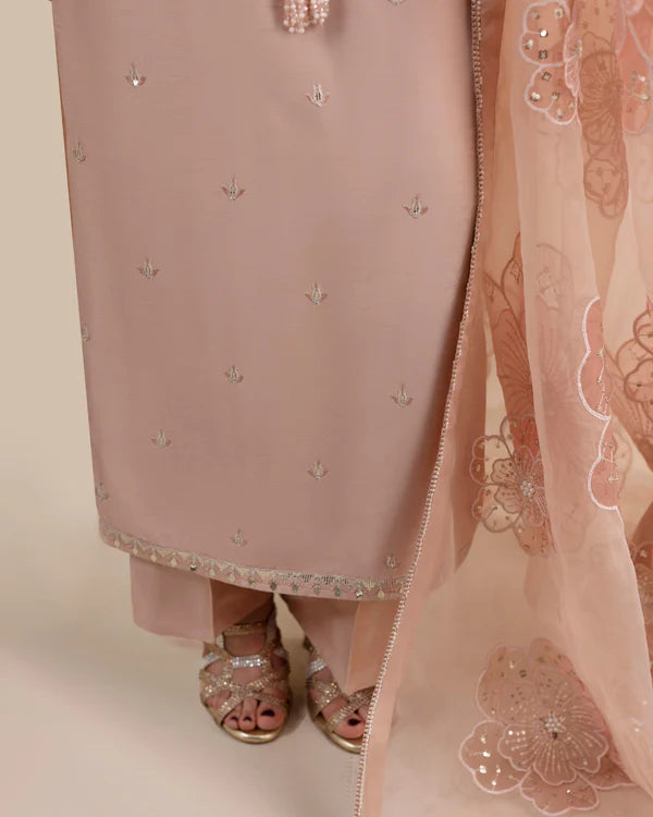 Elegant Tea Rose Pink Embellished Raw Silk Suit