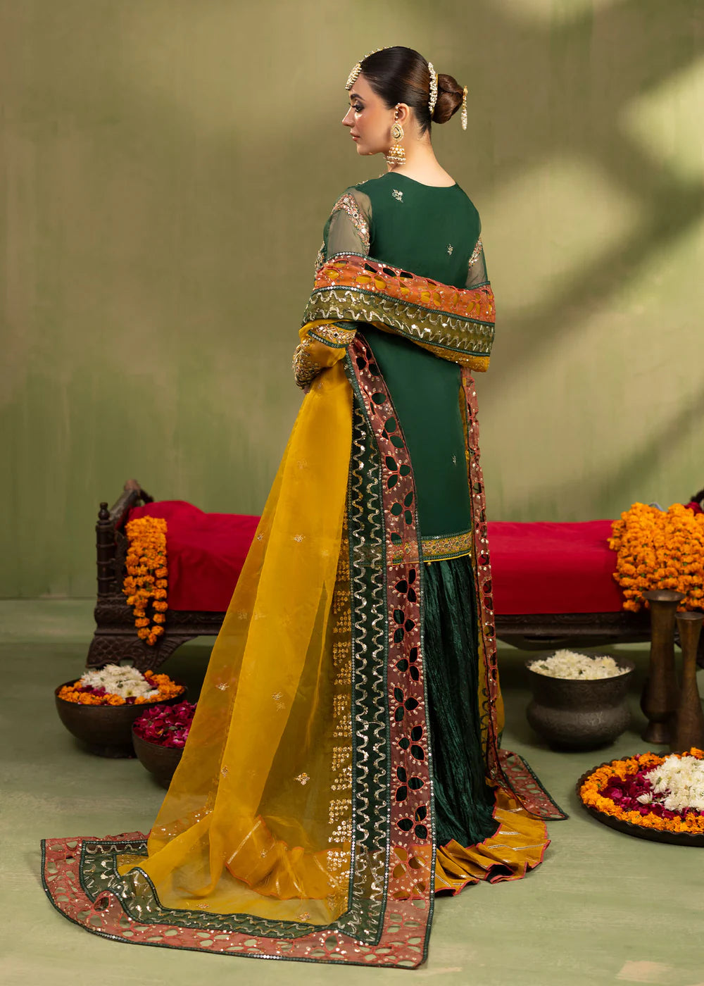 Green Organza Embellished Crushed Raw Silk Gharara