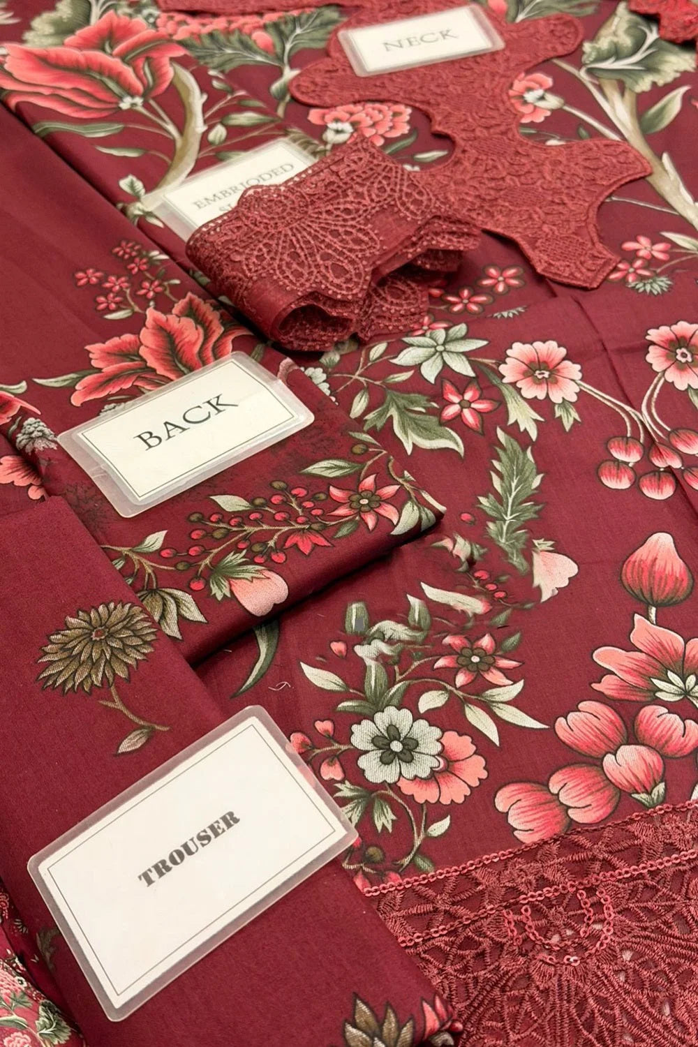 Dusty Red Floral Printed Pure Lawn Suit with Embroidered Laces