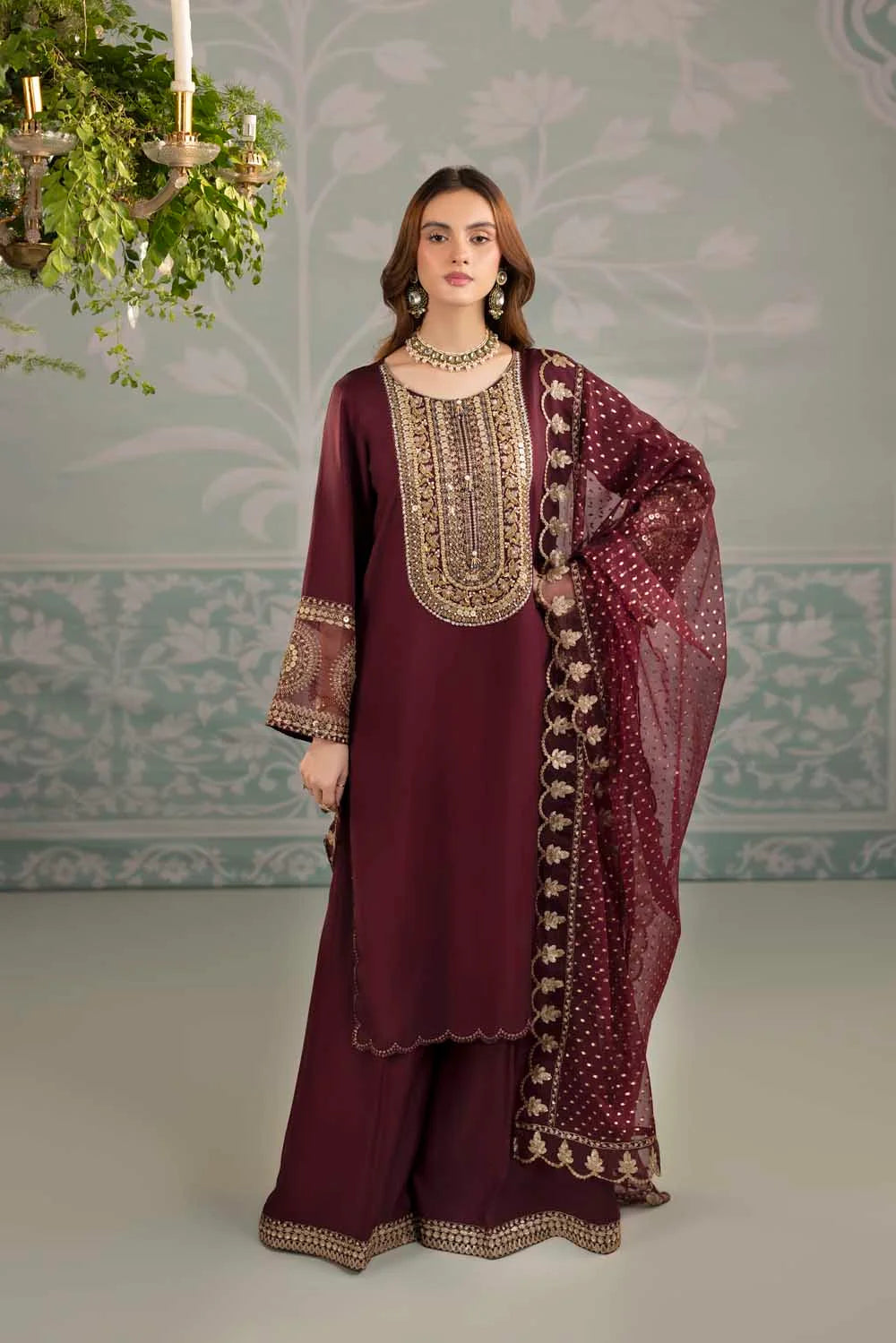 Maroon Raw Silk Suit with Hand Embellished Neckline
