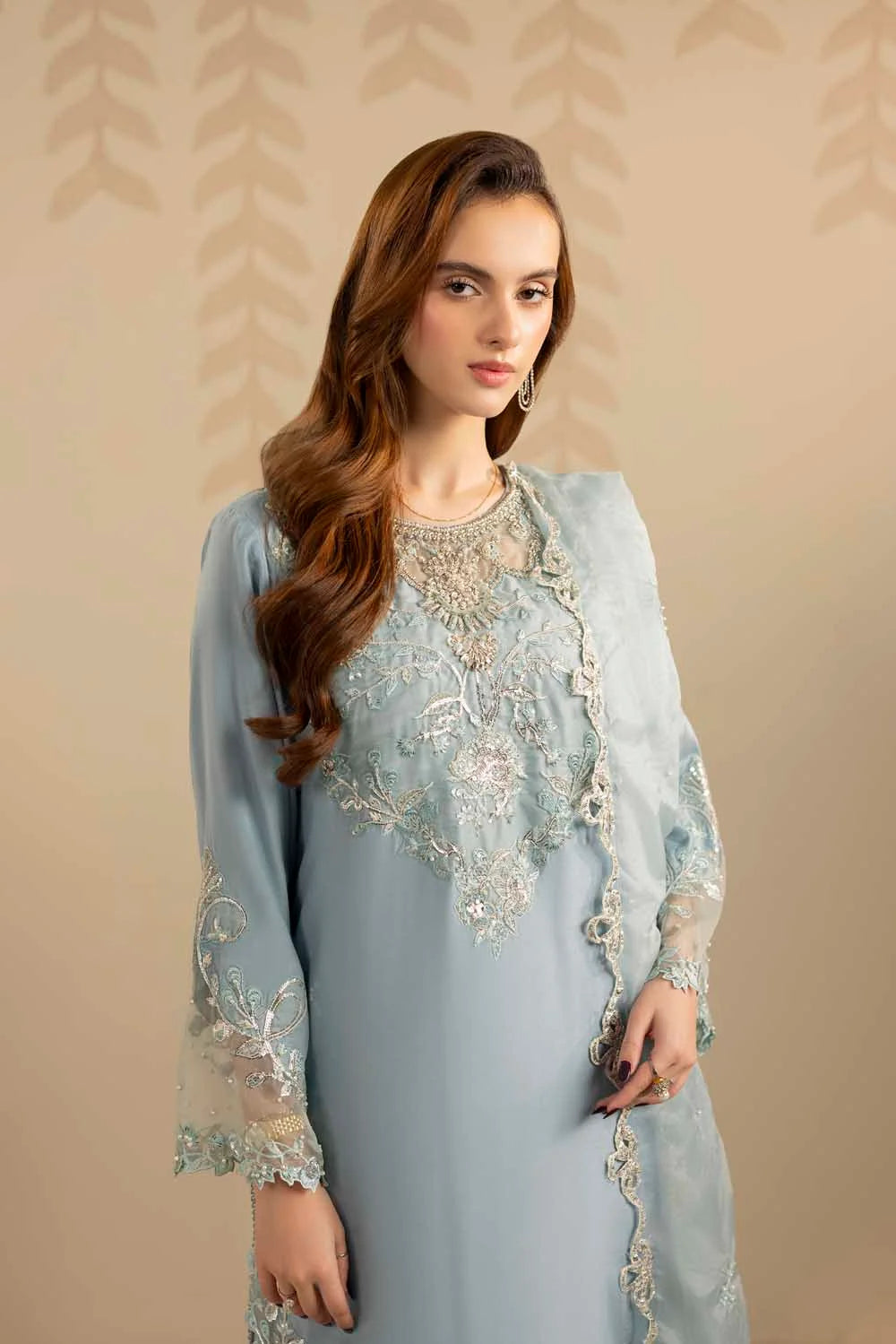 Ice Blue Embellished Raw Silk Suit