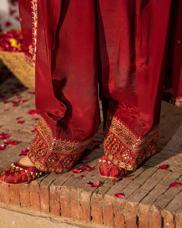 Ruby Red Georgette Chiffon Embroidered Suit with Tassel Details