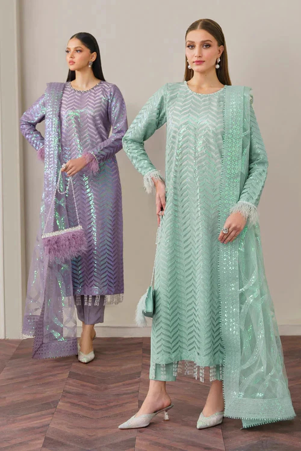 Sea Green Sequins Embroidered Suit with Handmade Neckline